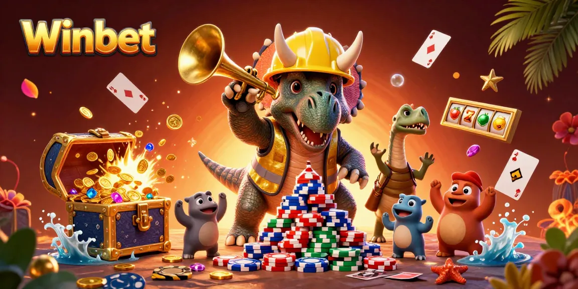 Winbet showcases a dynamic 3D scene of a triceratops building poker chips amidst vibrant casino elements.