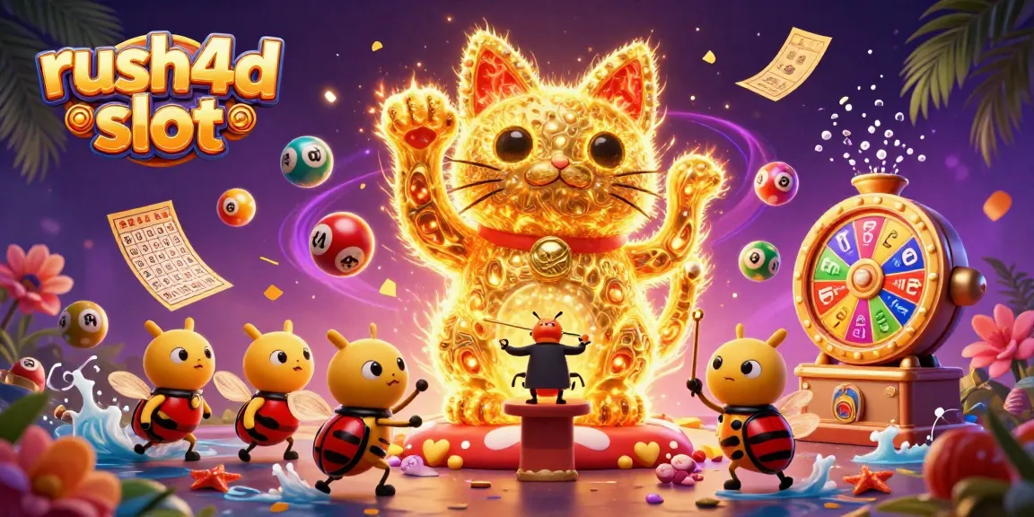 Raih kemenangan lebih besar dengan rush4d slot yang menampilkan kucing keberuntungan dan simbol kasino berkilau.