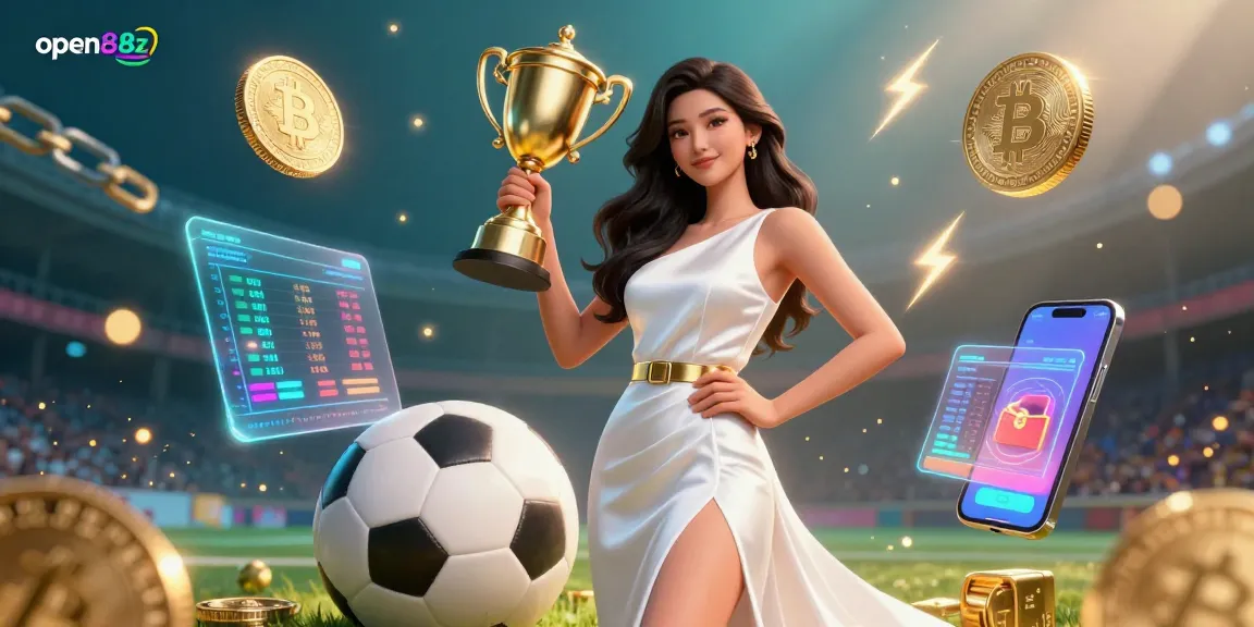 Win big with open88z at the ultimate online gaming platform featuring a stunning Asian woman with a trophy.