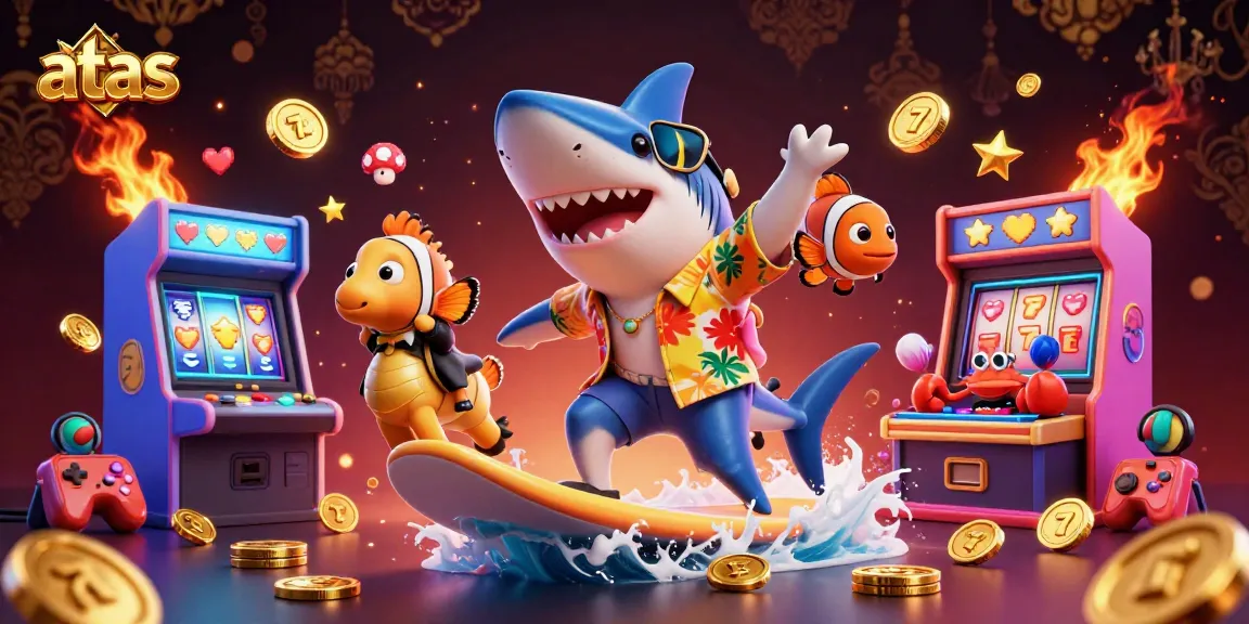 Experience the thrilling action of ATAS with a shark surfing on gold coins amidst vibrant casino games.