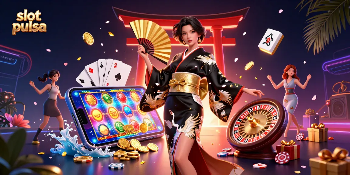 Bergabunglah dengan kegembiraan permainan slot pulsa yang menampilkan wanita Asia yang menawan dalam pakaian tradisional di tengah elemen permainan yang berwarna-warni.