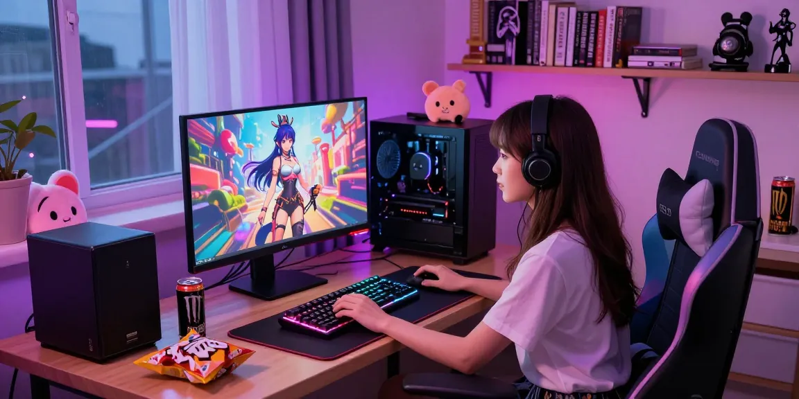 Engaged gamer playing a female hentai game on high-definition monitor with vibrant graphics.
