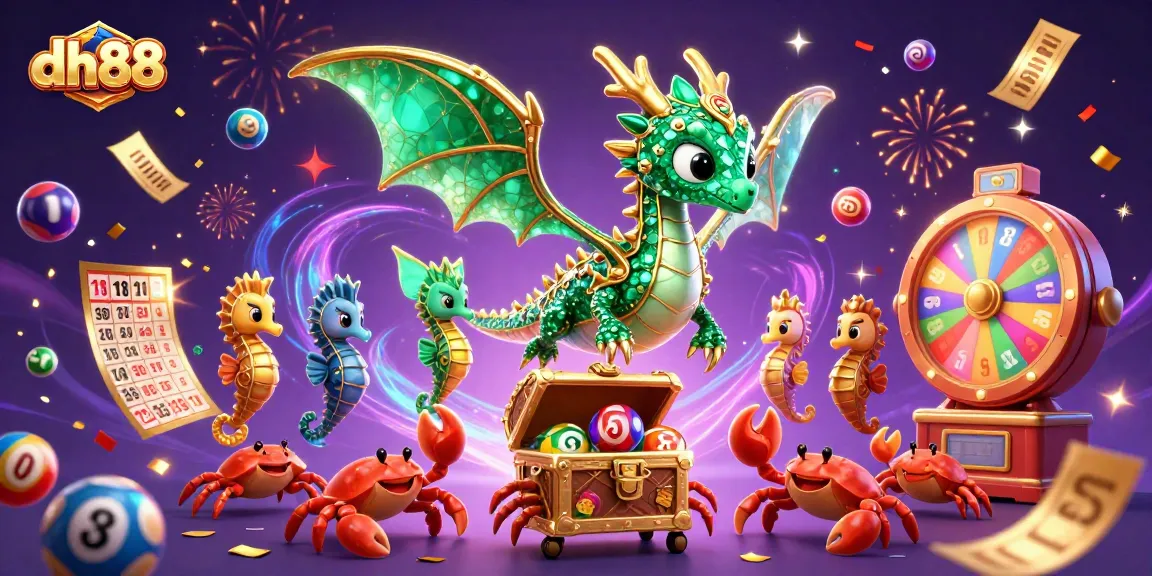 Engage with dh88's vibrant casino experience, featuring an enchanting sea dragon amid dynamic gambling elements.