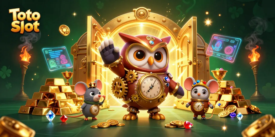 Toto Slot dynamic action featuring a steampunk owl and clockwork mouse amidst a dazzling casino scene filled with treasures and games