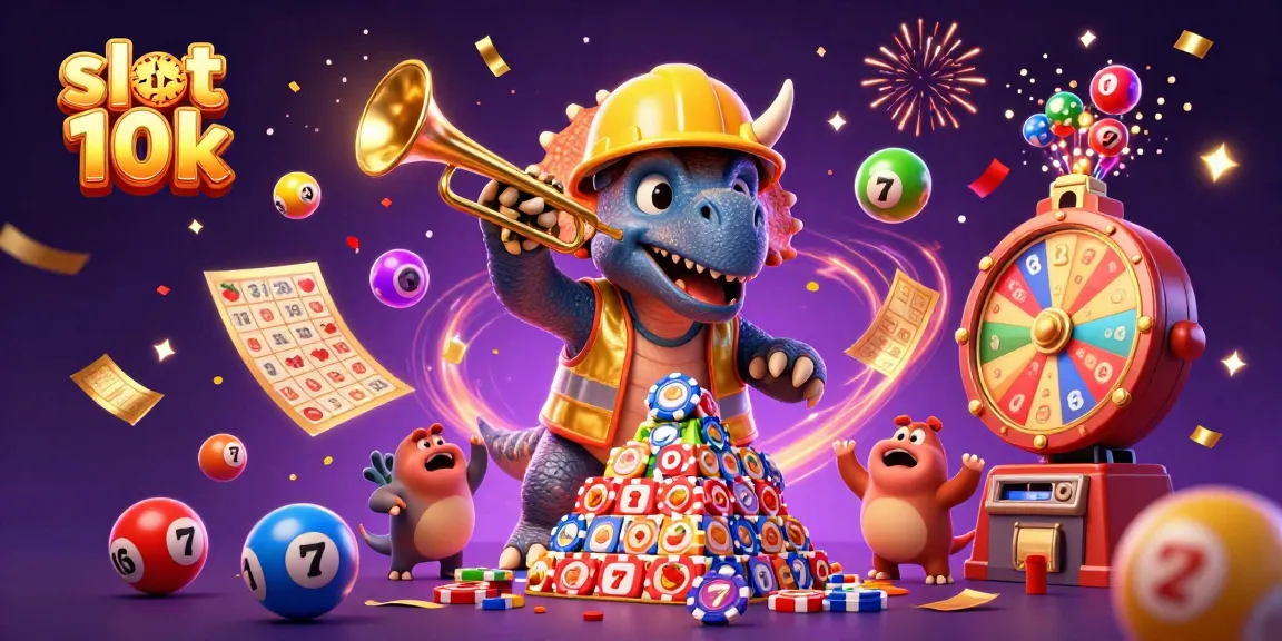 Engage in exciting gameplay with slot depo 10k featuring a triceratops building poker chip pyramids and slot elements.