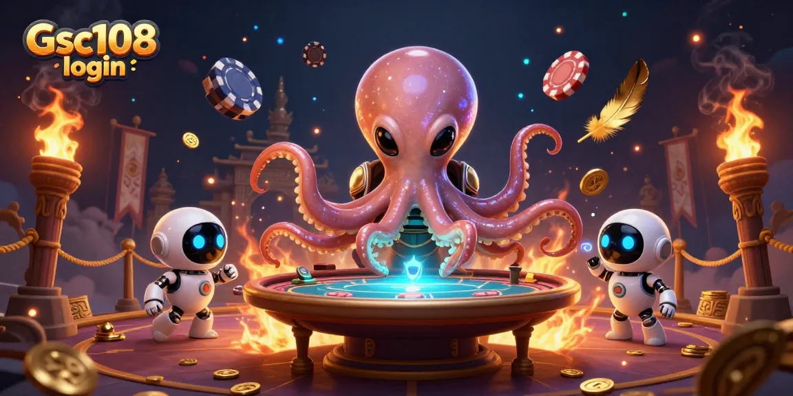 Experience Gsc108 login in a vibrant alien casino scene with an octopus dealer and cosmic chips.