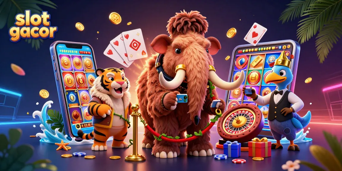 Slot gacor memikat dengan kasino digital yang penuh warna dan karakter lucu dalam suasana ceria.