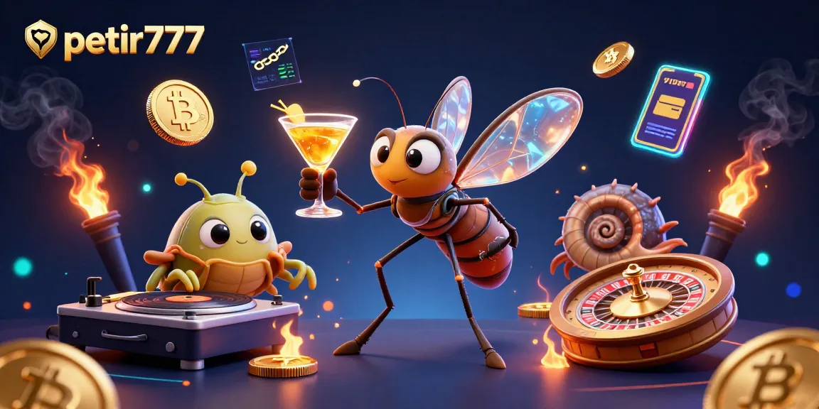 Engage with petir777's vibrant casino scene featuring a mosquito mascot, trilobite DJ, and golden gaming elements.