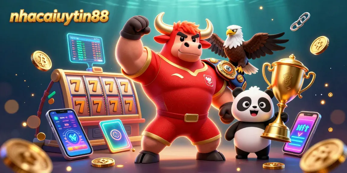 Experience the excitement with nhacaiuytin88 as a bull mascot celebrates winning at an online casino!