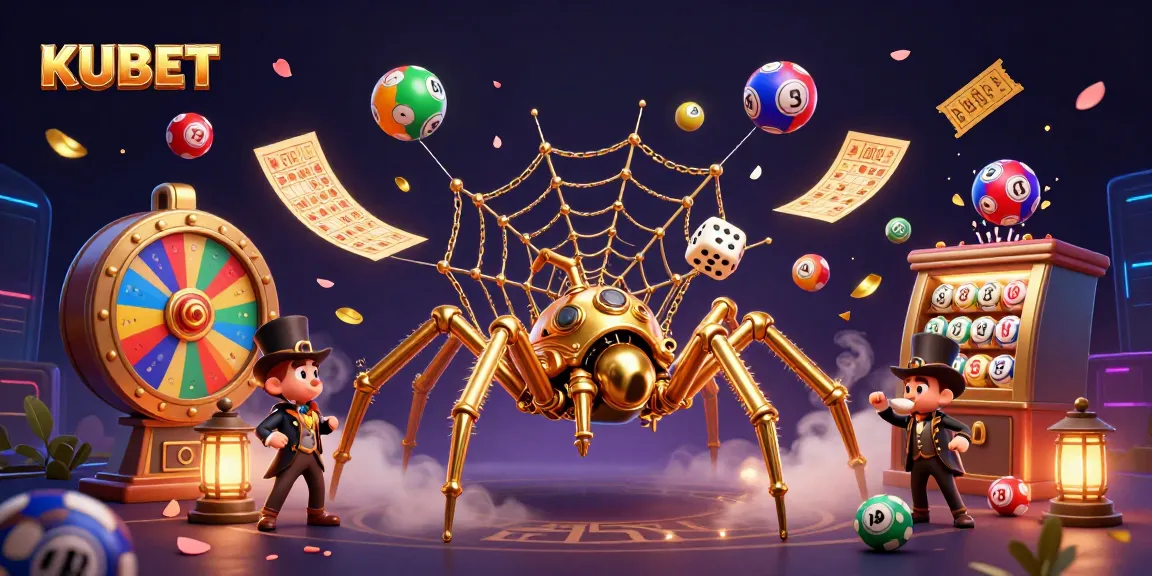 KUBET offers an exciting 3D illustration showcasing a steampunk spider amidst vibrant bingo elements, enhancing your gaming experience.
