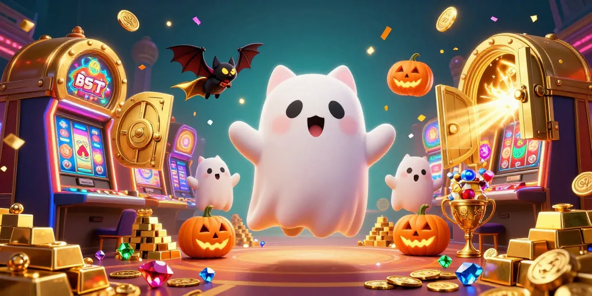 Bengkel69 brings excitement with a friendly ghost cat and vampire bat in a rich casino scene filled with treasures.