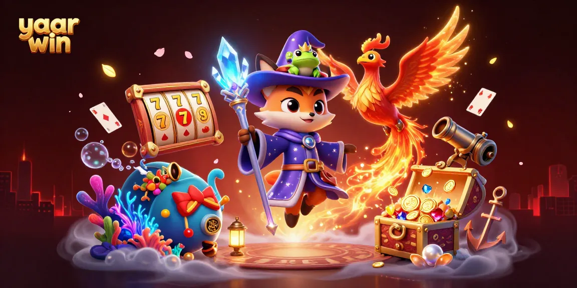 Engage with exciting gameplay at yaar win, illustrated with a wizard, phoenix, and vibrant slots.