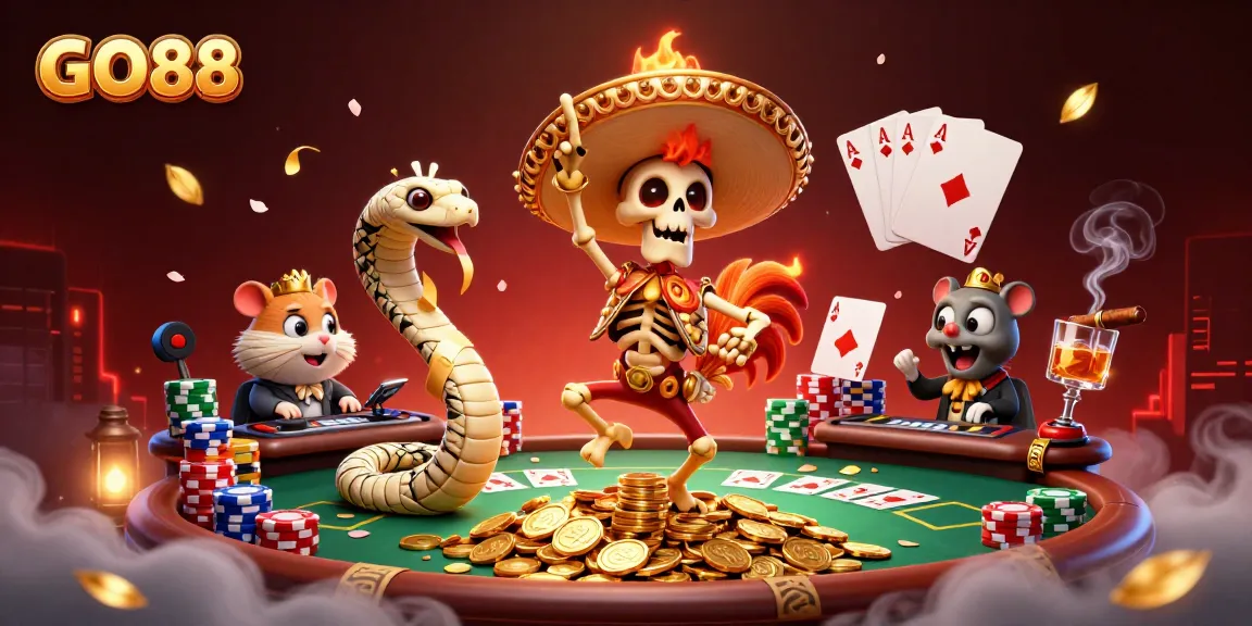 GO88 showcases a vibrant casino scene with characters celebrating on golden coins, enhancing the gaming experience.