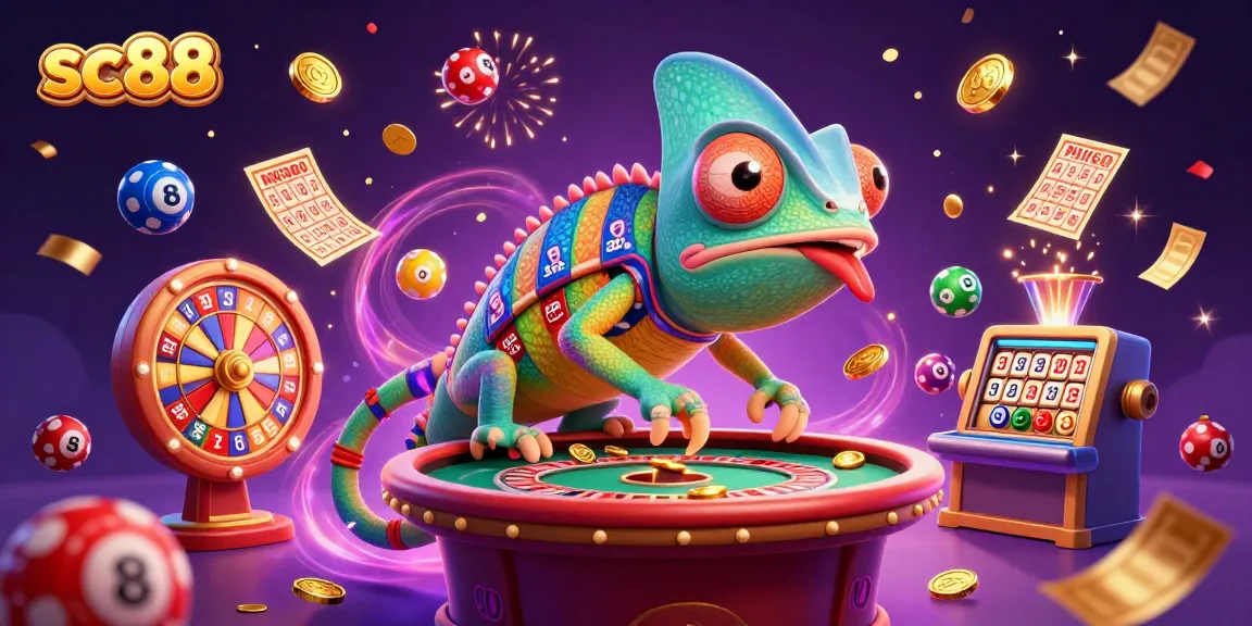 Join the excitement at sc88 as colorful lottery elements and a chameleon casino owner create a vibrant gaming scene.