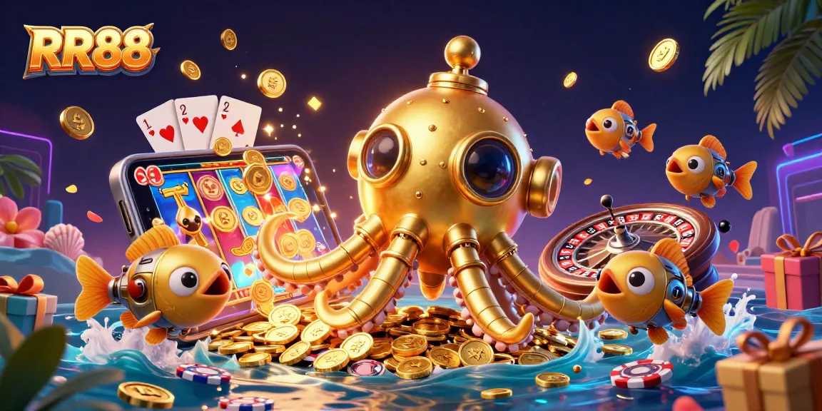 RR88 entertains players with a vibrant 3D casino illustration depicting exciting gaming elements and golden treasures.