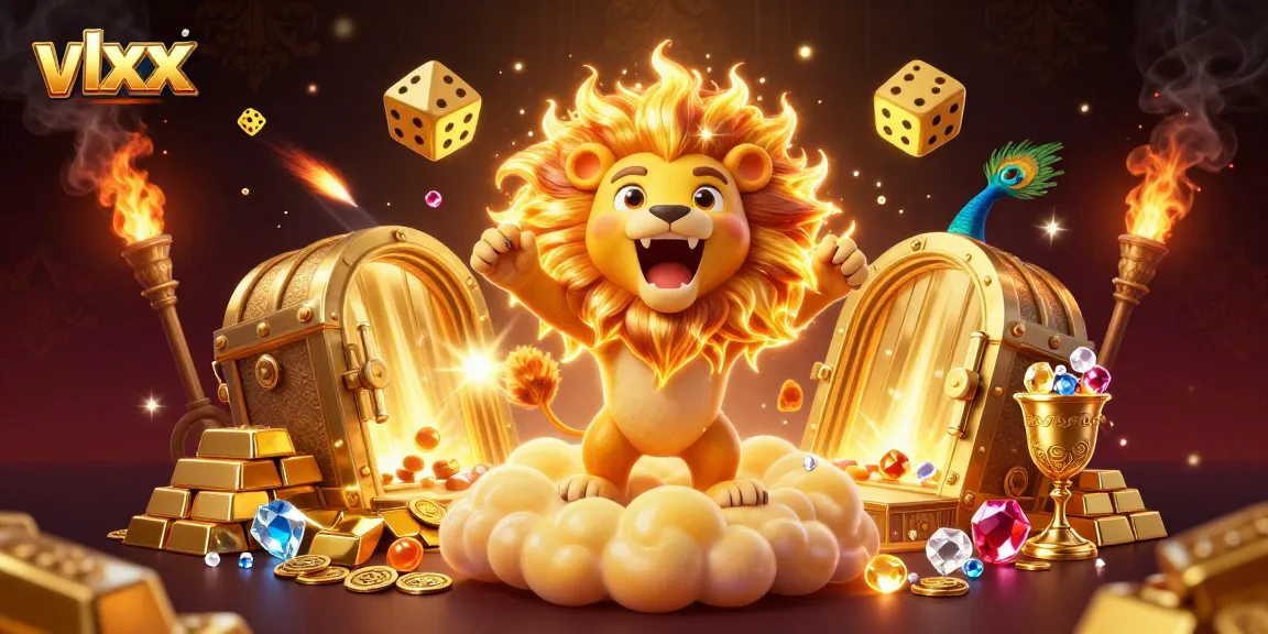 Spin the reels at vlxx with a roaring lion and dazzling treasures in this vibrant casino scene.