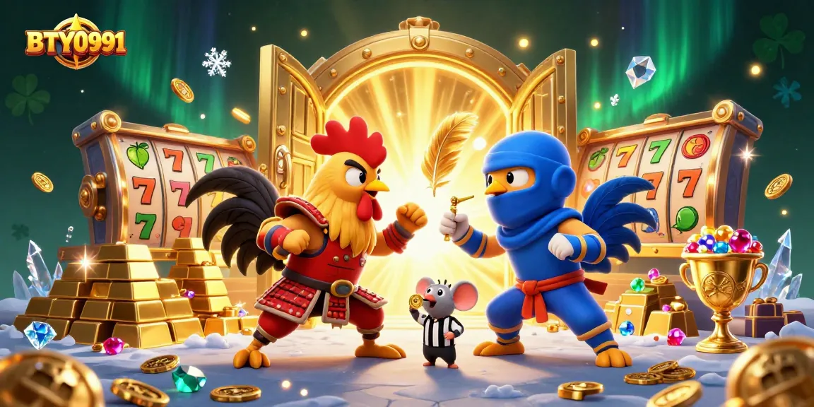 Engage with the BTY0991 clash of colorful roosters amid sparkling treasures in an epic gambling standoff.