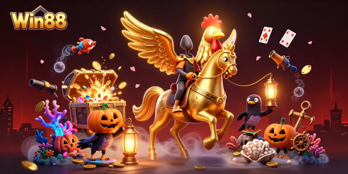 Win88 captures excitement with a golden rooster riding a spectral horse in a lively casino.